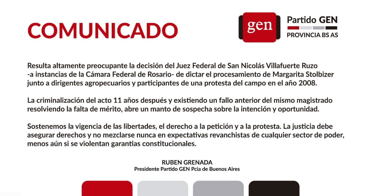 COMUNICADO DEL PARTIDO GEN BA ANTE LA PREOCUPANTE DECISIÓN DEL JUEZ FEDERAL VILLAFUERTE RUZO
