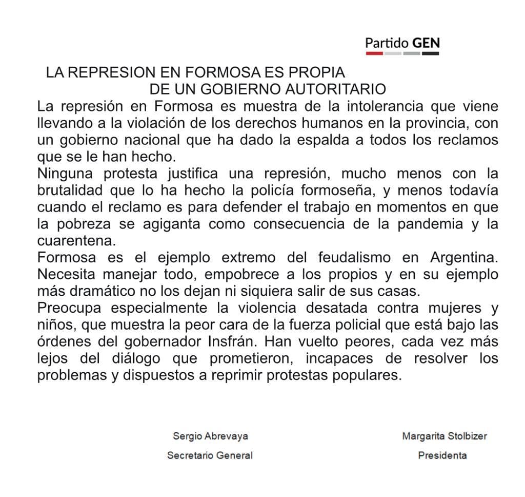 LA REPRESION EN FORMOSA ES PROPIA DE UN GOBIERNO AUTORITARIO